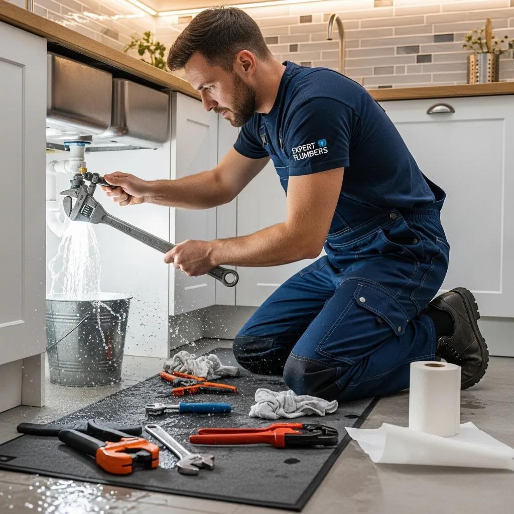 Professional plumber addressing a plumbing emergency with tools in a residential setting