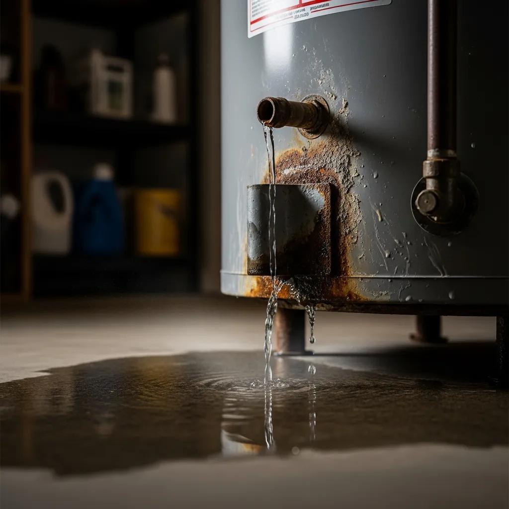 Close-up of a leaking water heater with water pooling around it
