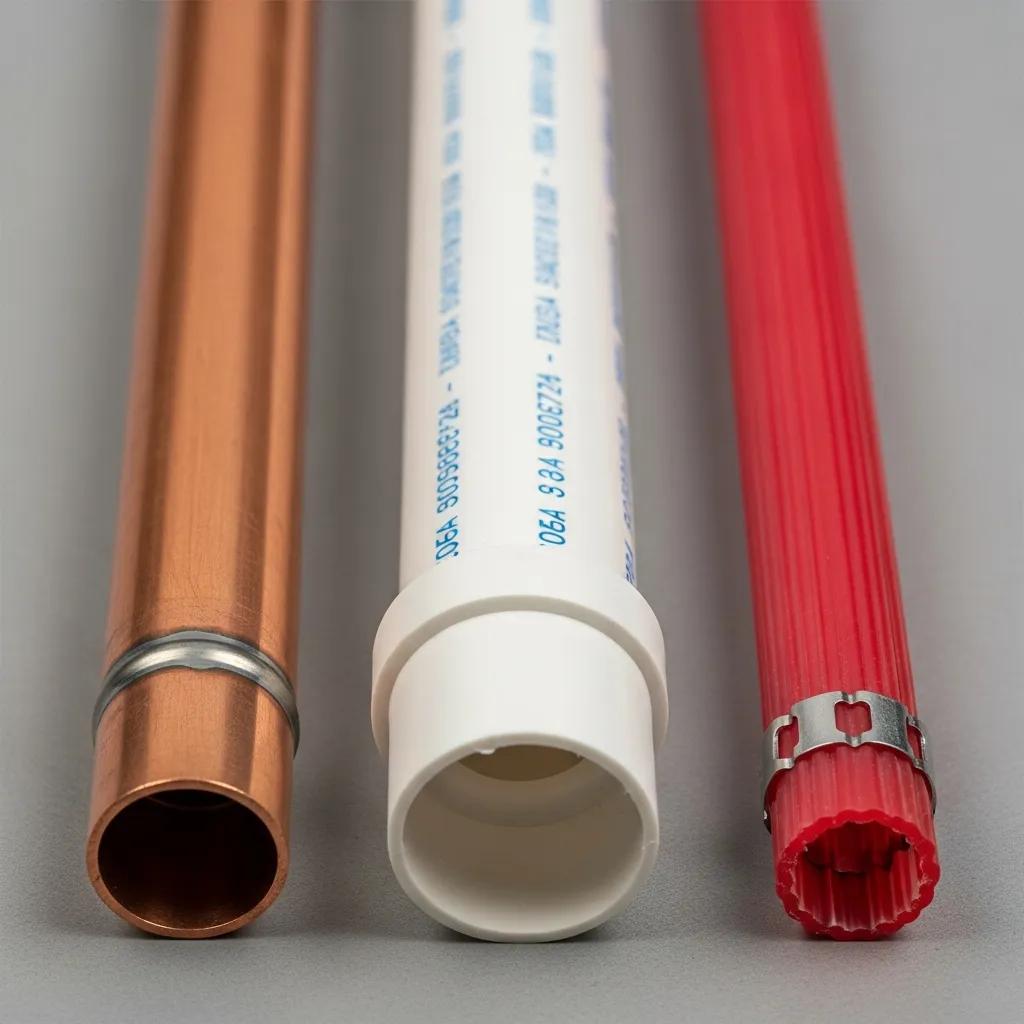 Comparison of copper, PVC, and PEX pipes showcasing their distinct characteristics
