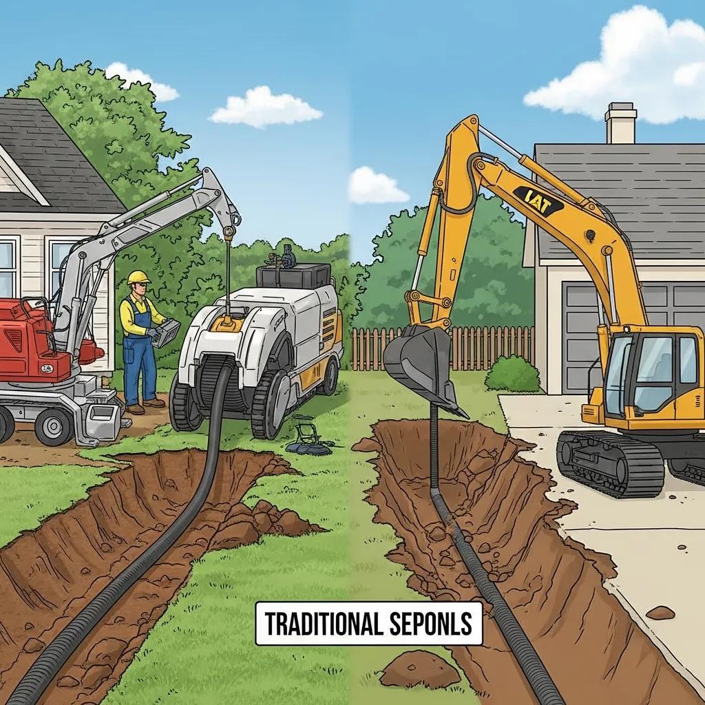 Comparison of trenchless and traditional sewer repair methods highlighting modern technology and excavation