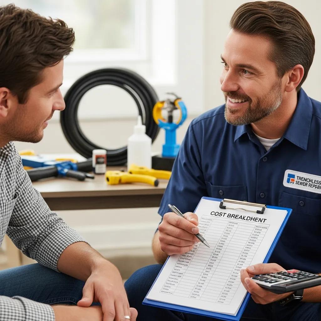 Contractor discussing trenchless sewer repair costs with a homeowner