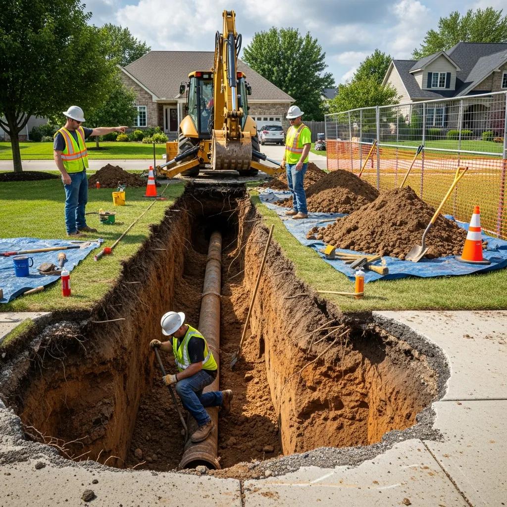 Excavation site for traditional sewer repair showing significant disruption and heavy machinery