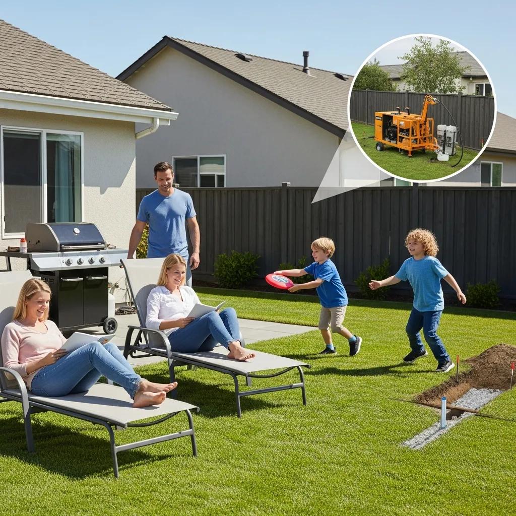 Happy family enjoying their yard after trenchless sewer repair