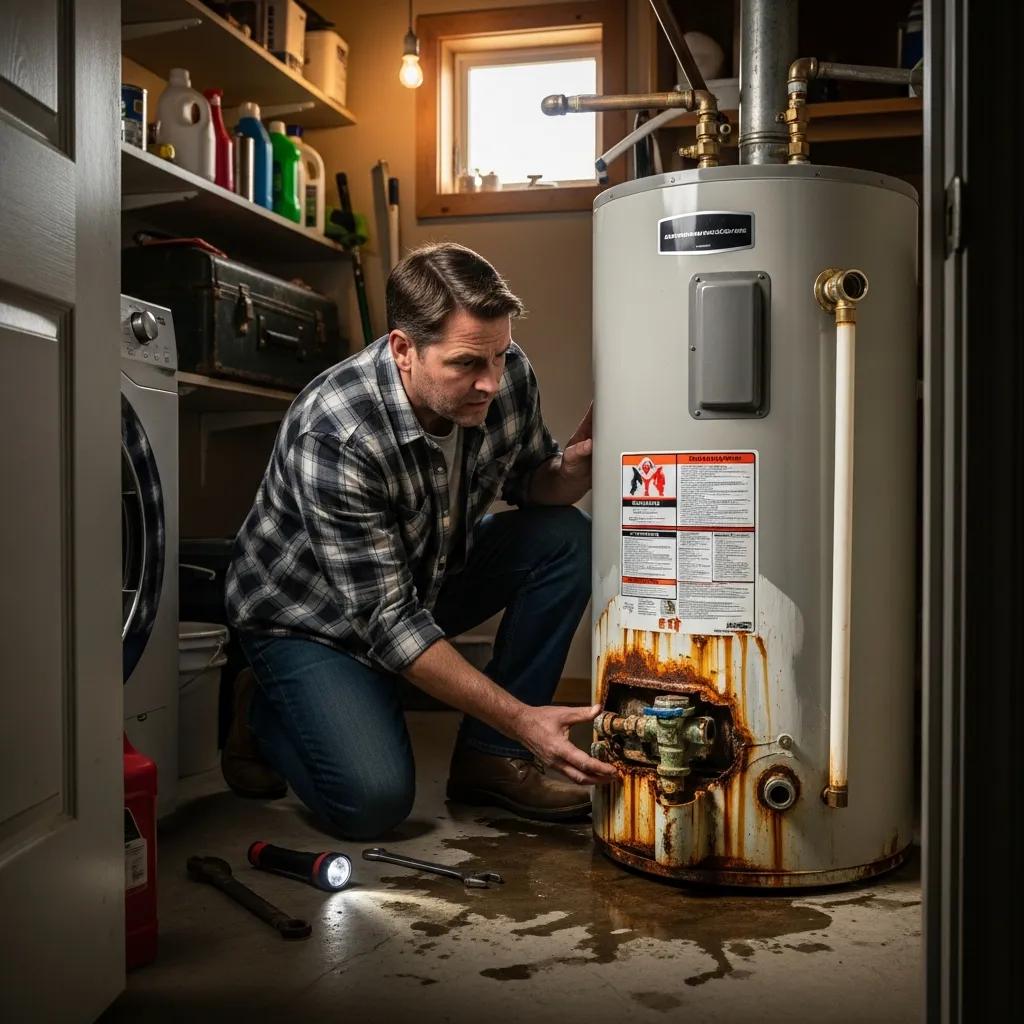 Homeowner inspecting a rusty water heater, illustrating the need for replacement