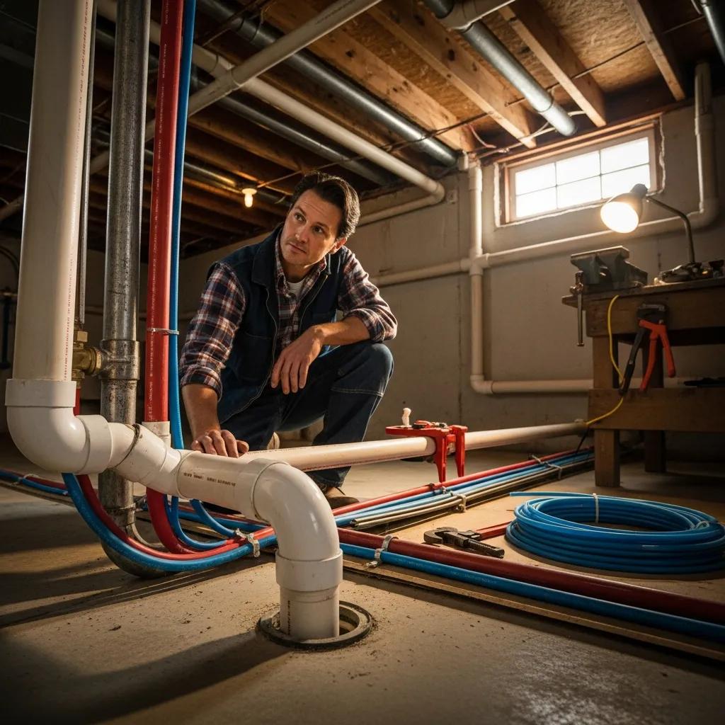 Homeowner inspecting various affordable pipe replacement options in a basement setting