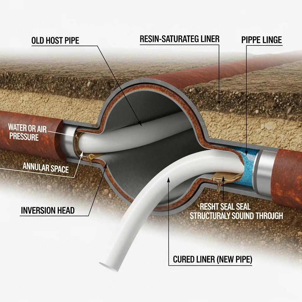 Illustration of pipe lining technique, showing the insertion of a resin-saturated liner into a pipe
