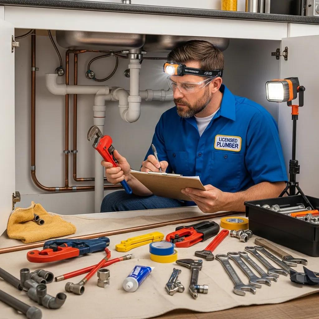 Licensed plumber inspecting pipes with tools, representing quality and professionalism in plumbing services