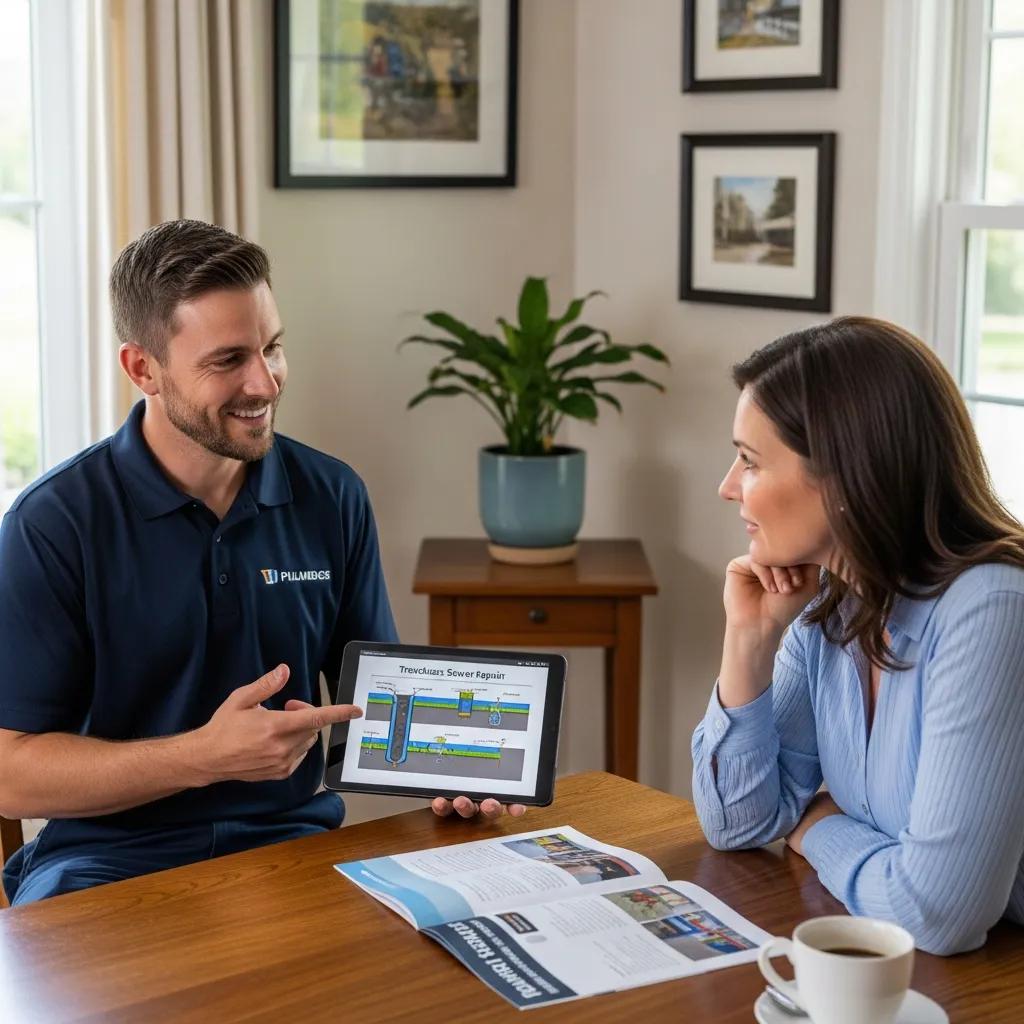 Local plumber discussing trenchless sewer repair options with a homeowner