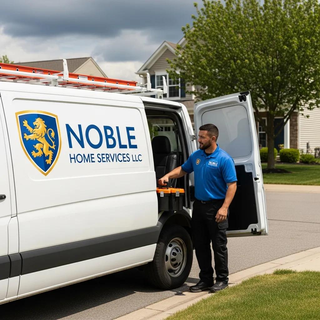 Noble Home Services LLC van ready for emergency water heater repair in a suburban neighborhood