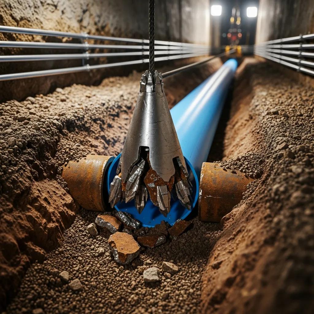 Pipe bursting method showing the installation of a new pipe