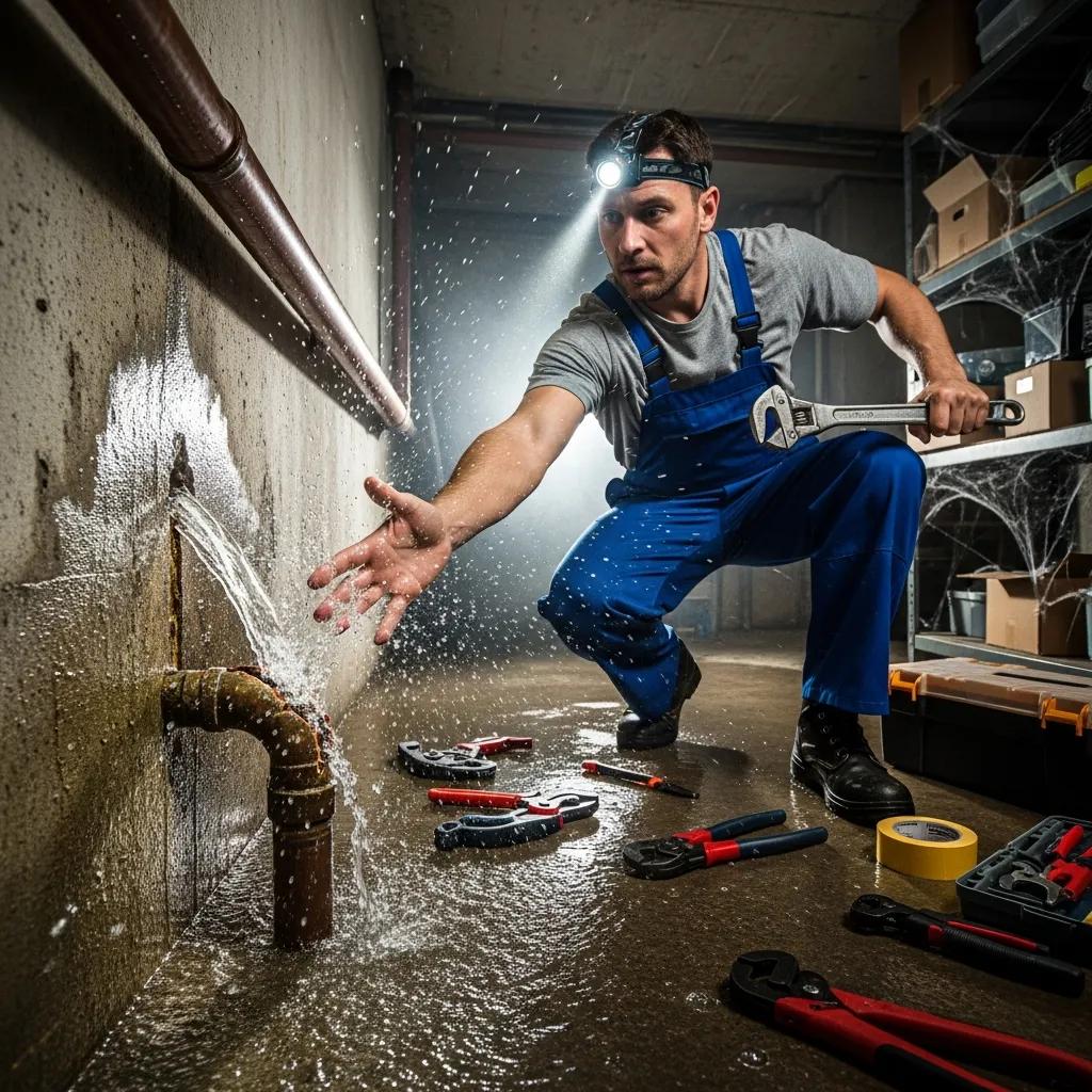 Plumber addressing a burst pipe emergency in a home, illustrating the urgency of professional plumbing services