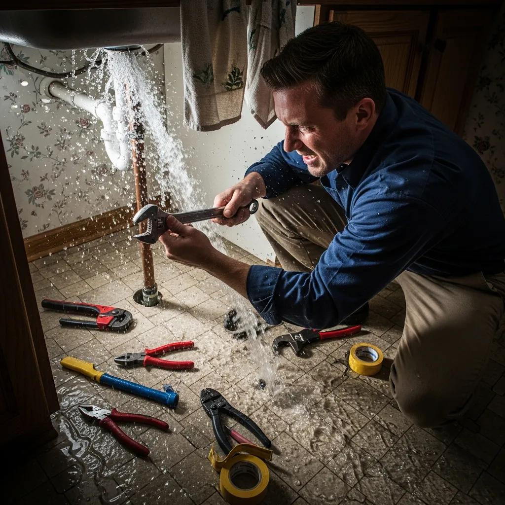 Plumber addressing an emergency plumbing issue with a burst pipe