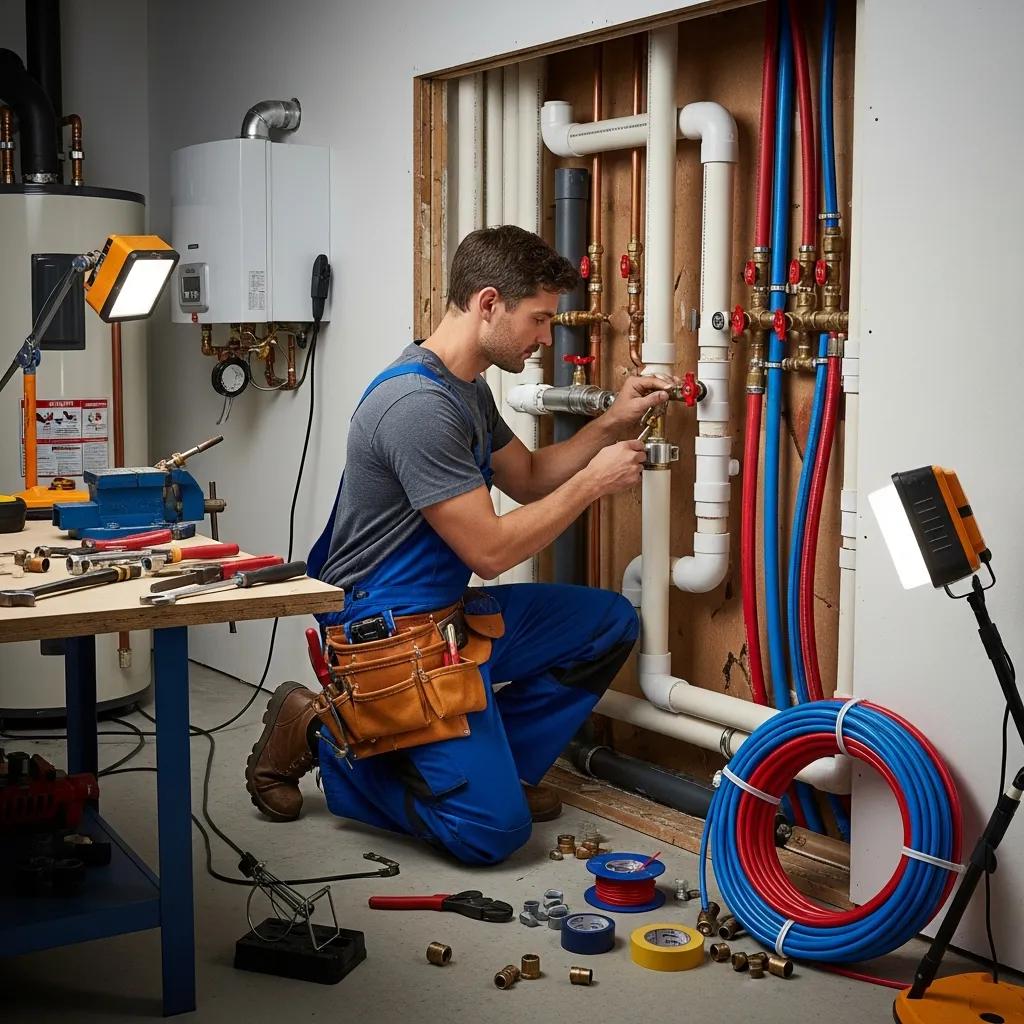Plumber working on plumbing pipe replacement with various pipe types visible