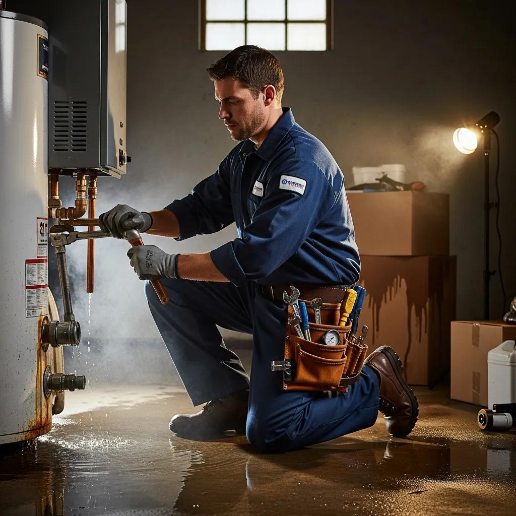 Professional plumber assessing a water heater leak emergency, showcasing urgent service