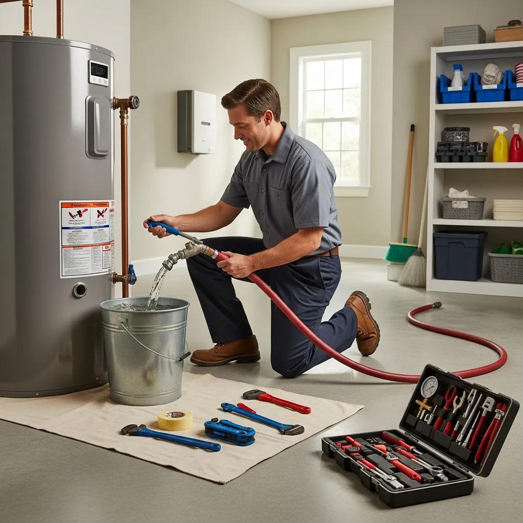 Professional plumber performing maintenance on a water heater, emphasizing care and expertise