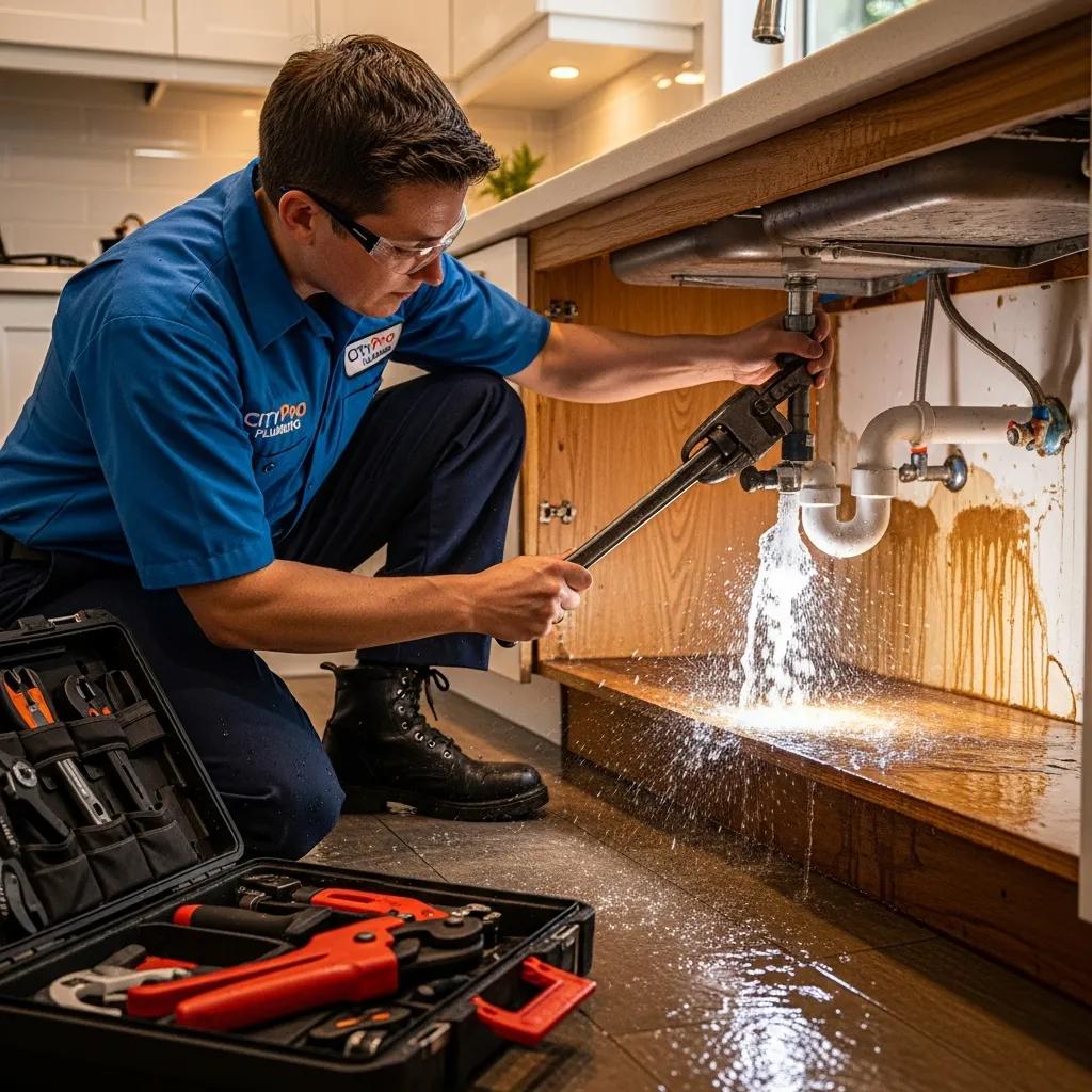 Professional plumber repairing a burst pipe in a home, showcasing emergency plumbing services