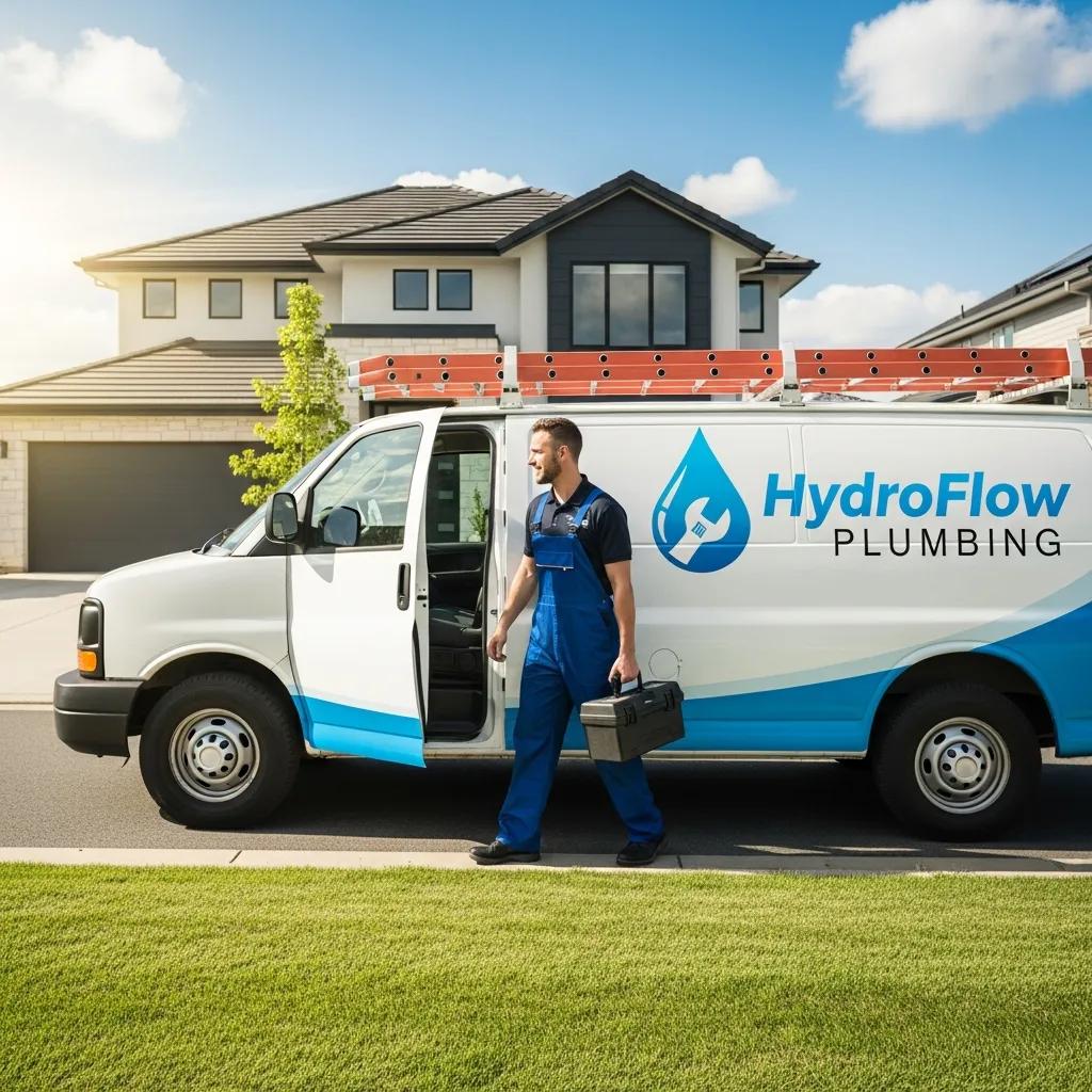 Service van of a plumbing company parked outside a home for emergency repairs