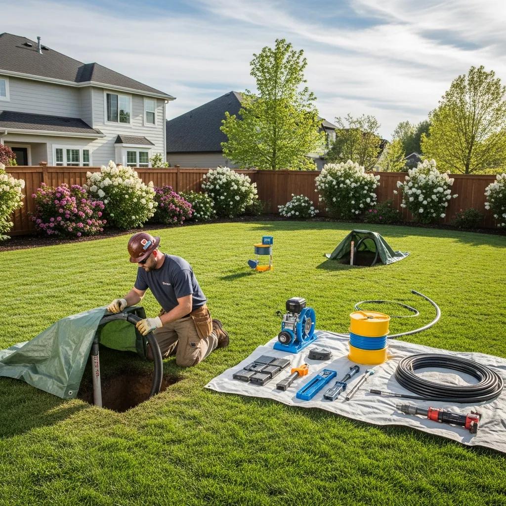 Technician conducting trenchless sewer repair with minimal disruption to the surrounding landscape