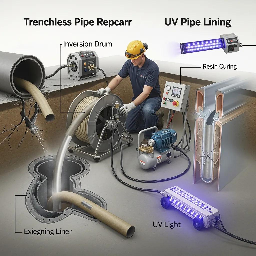 Technician demonstrating trenchless pipe lining method for sewer repair