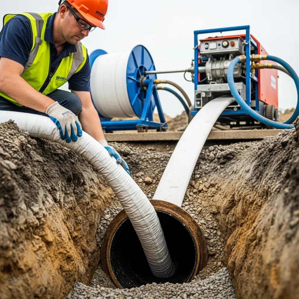Technician inserting a resin-coated liner into an existing pipe