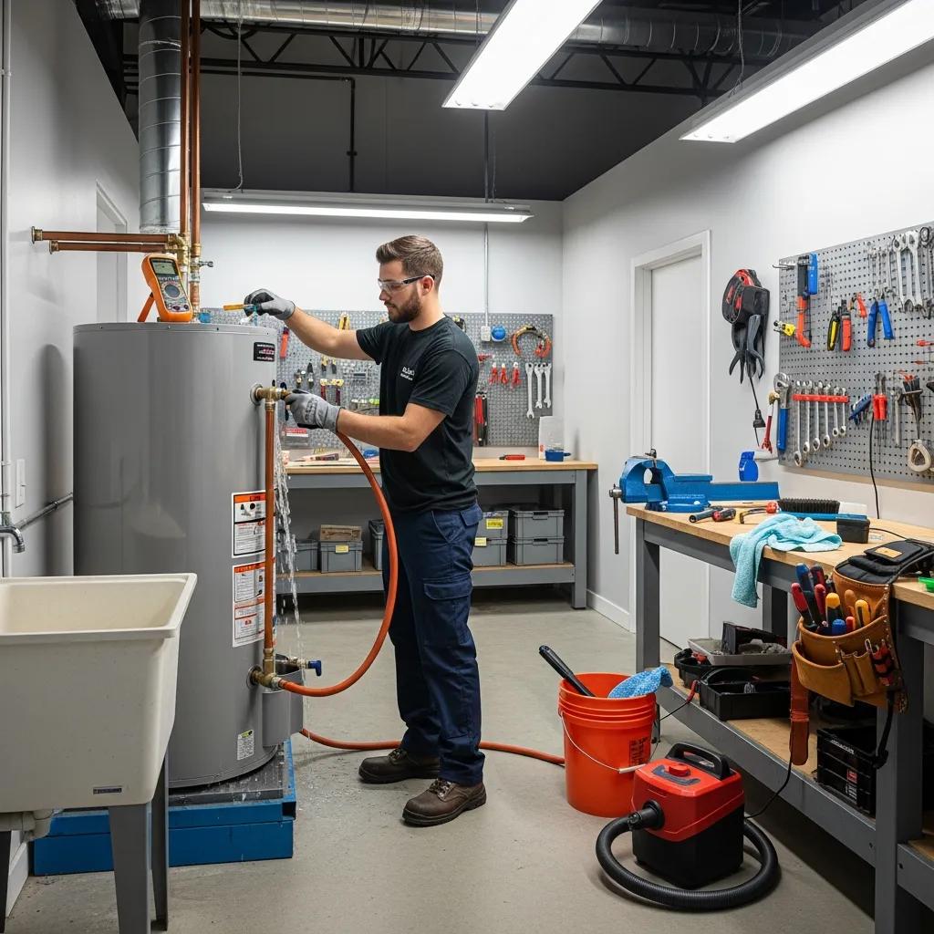 Technician performing routine maintenance on a water heater in a workshop