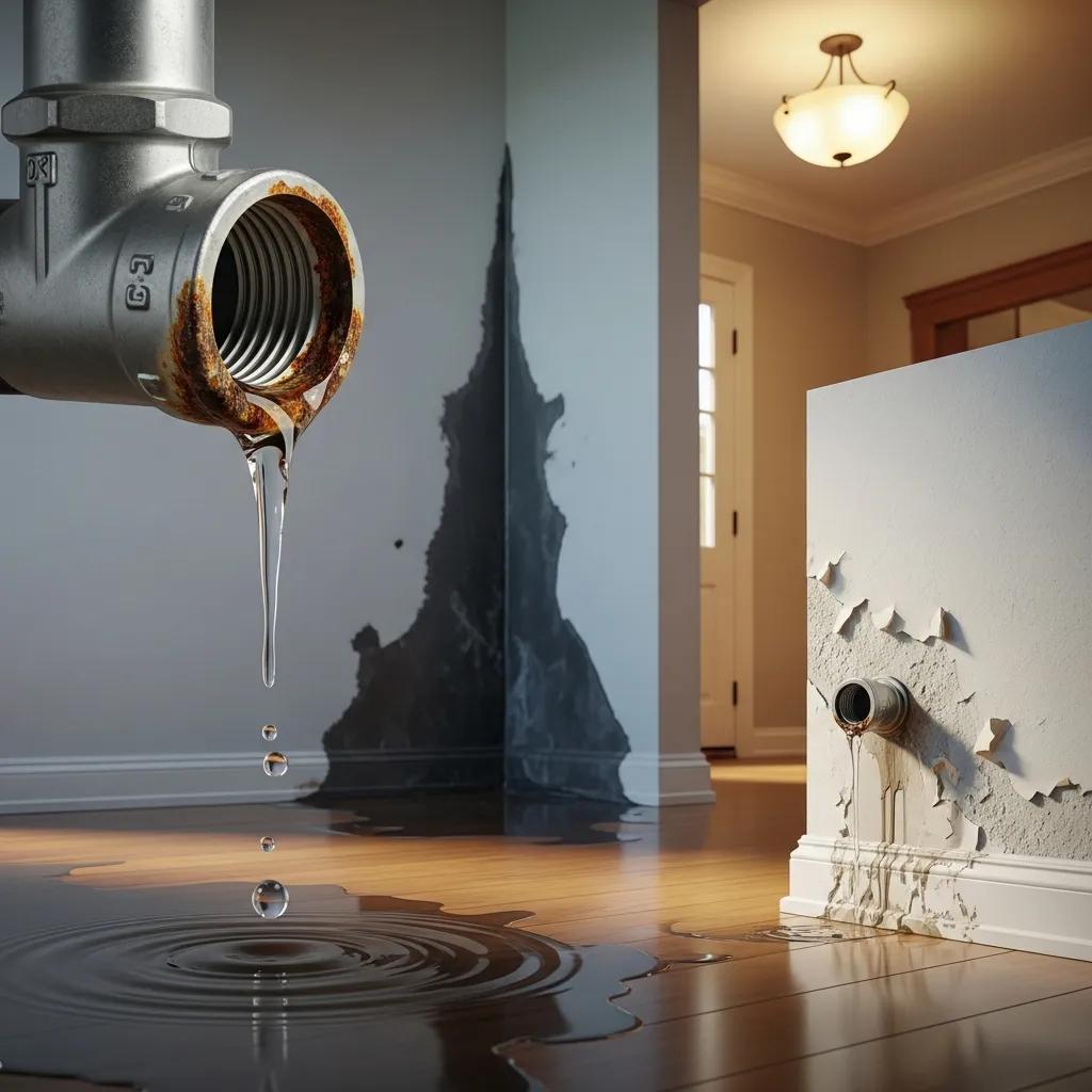 Visual indicators of pipe damage in a home, including water stains and leaks