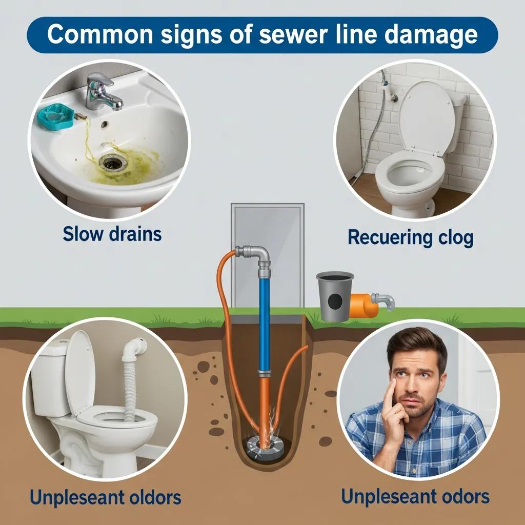 Visual representation of common signs of sewer line damage including clogged sink and concerned homeowner