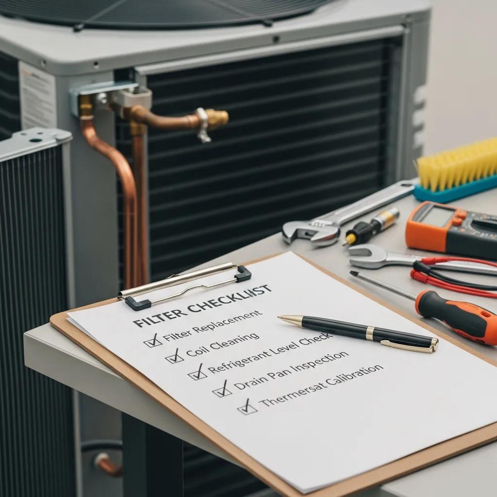 Checklist for HVAC maintenance tasks with tools and air conditioning unit in the background