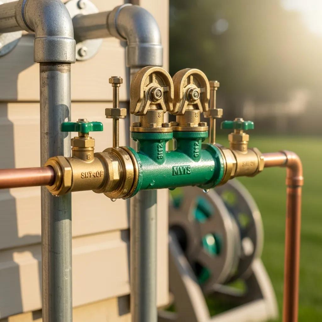 Close-up of a backflow prevention device installed in a residential plumbing system
