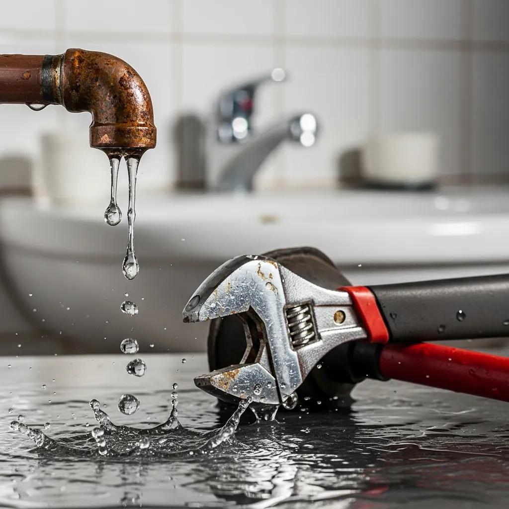 Close-up of a leaking pipe with tools for plumbing repair in a home setting