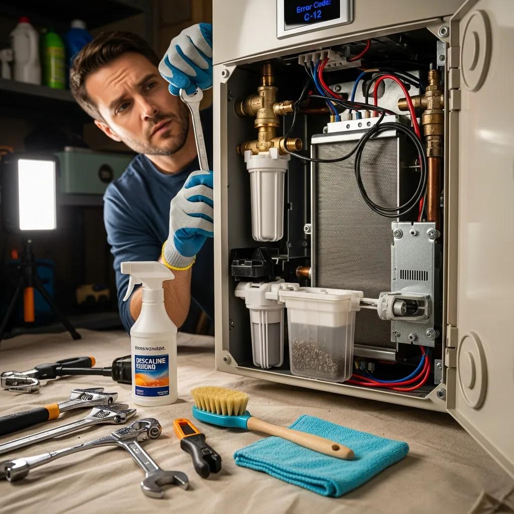 Close-up of a tankless water heater during maintenance, highlighting filters and components for optimal performance