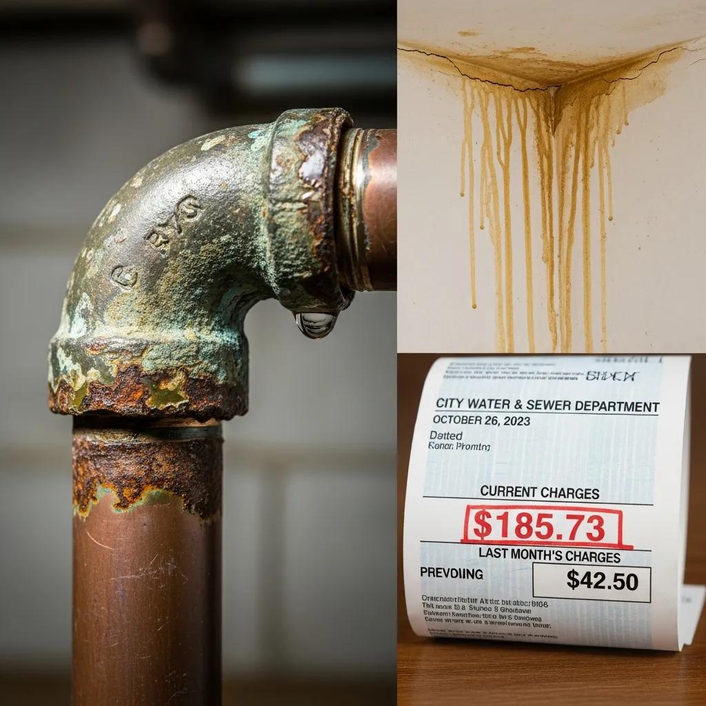 Close-up of corroded pipes and water stains, illustrating common signs of pipe damage