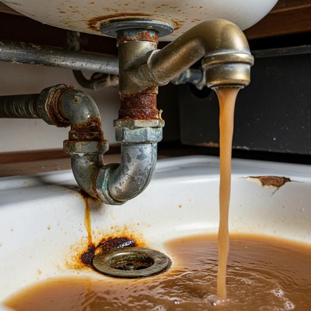 Close-up of corroded plumbing pipes with brownish water, illustrating visible symptoms of corrosion