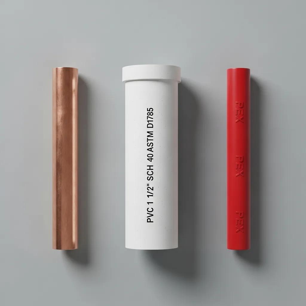 Comparison of copper, PVC, and PEX pipes, showcasing different materials for plumbing replacement