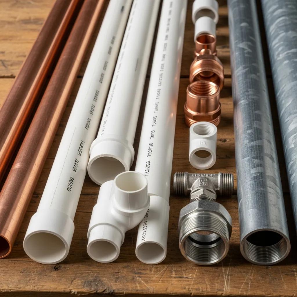 Different types of plumbing materials including copper, PVC, and galvanized steel