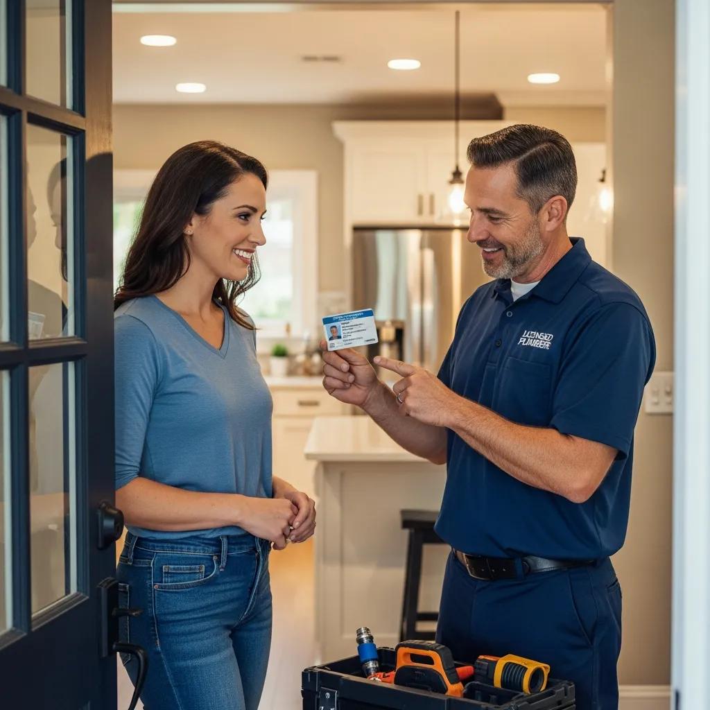Homeowner consulting with a licensed plumber, emphasizing the importance of customer reviews and credentials