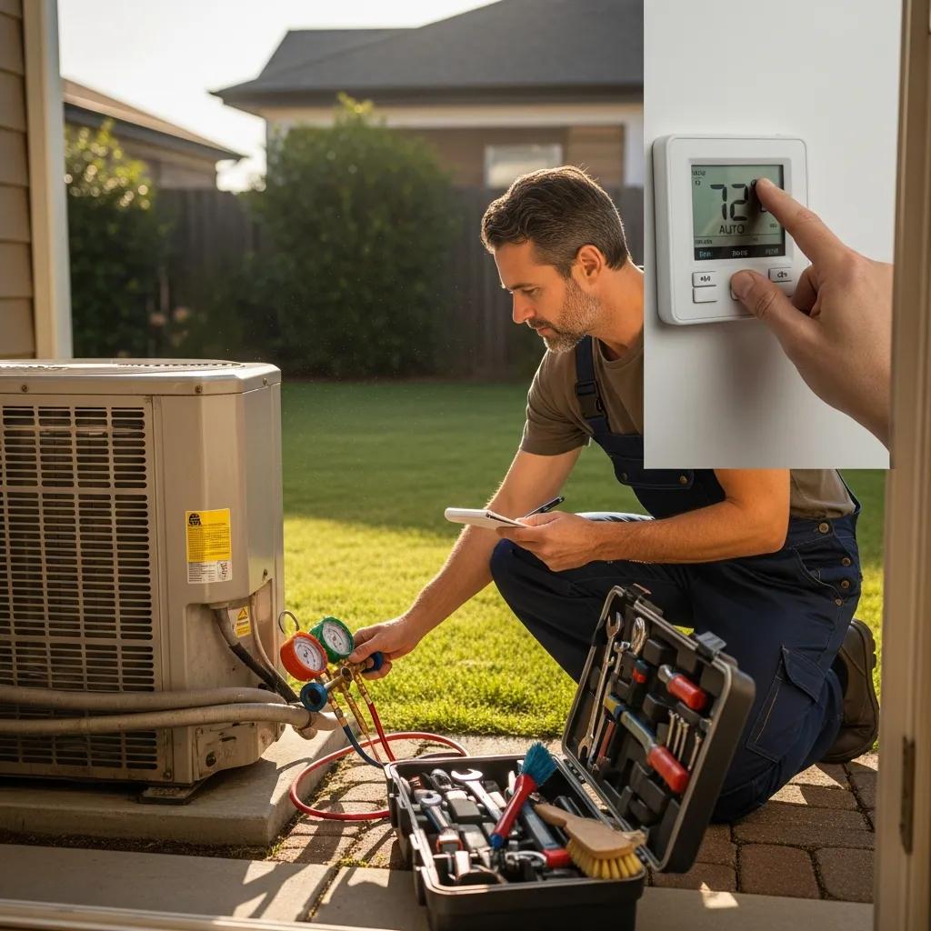 Homeowner inspecting air conditioning unit for maintenance, focusing on refrigerant levels and thermostat