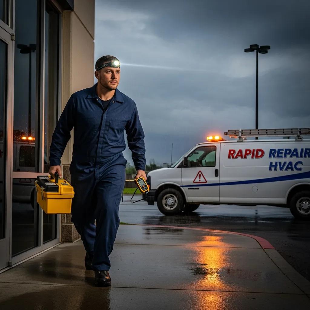 HVAC technician responding to an emergency repair call with tools and service vehicle