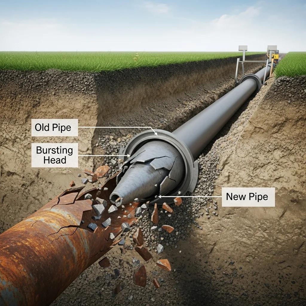 Illustration of pipe bursting technique showing old pipe being replaced with new pipe