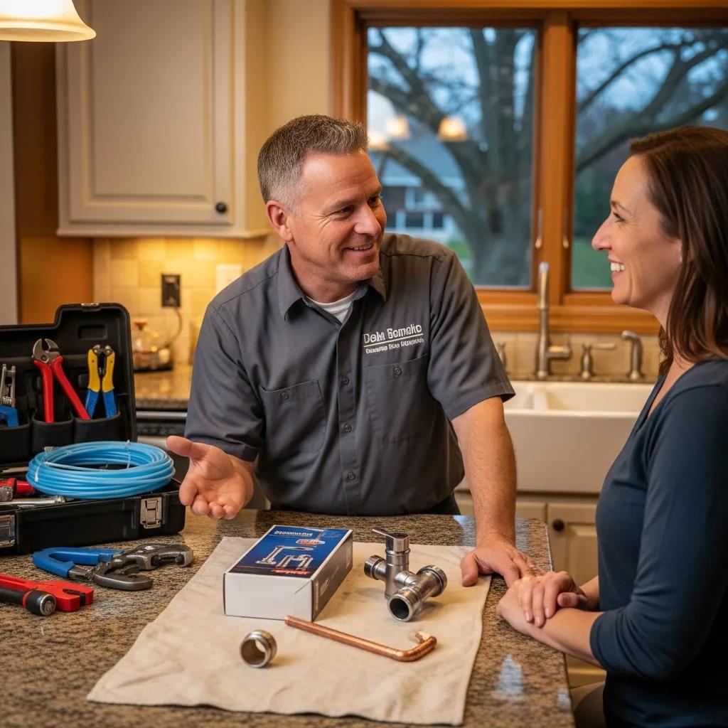 Local plumbing contractor discussing options with a homeowner, emphasizing community support