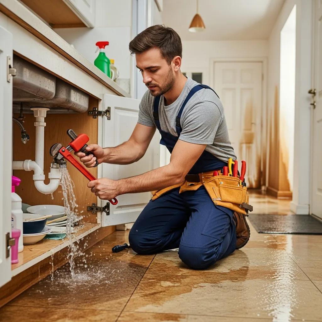 Plumber addressing an emergency plumbing issue, highlighting urgent pipe replacement services