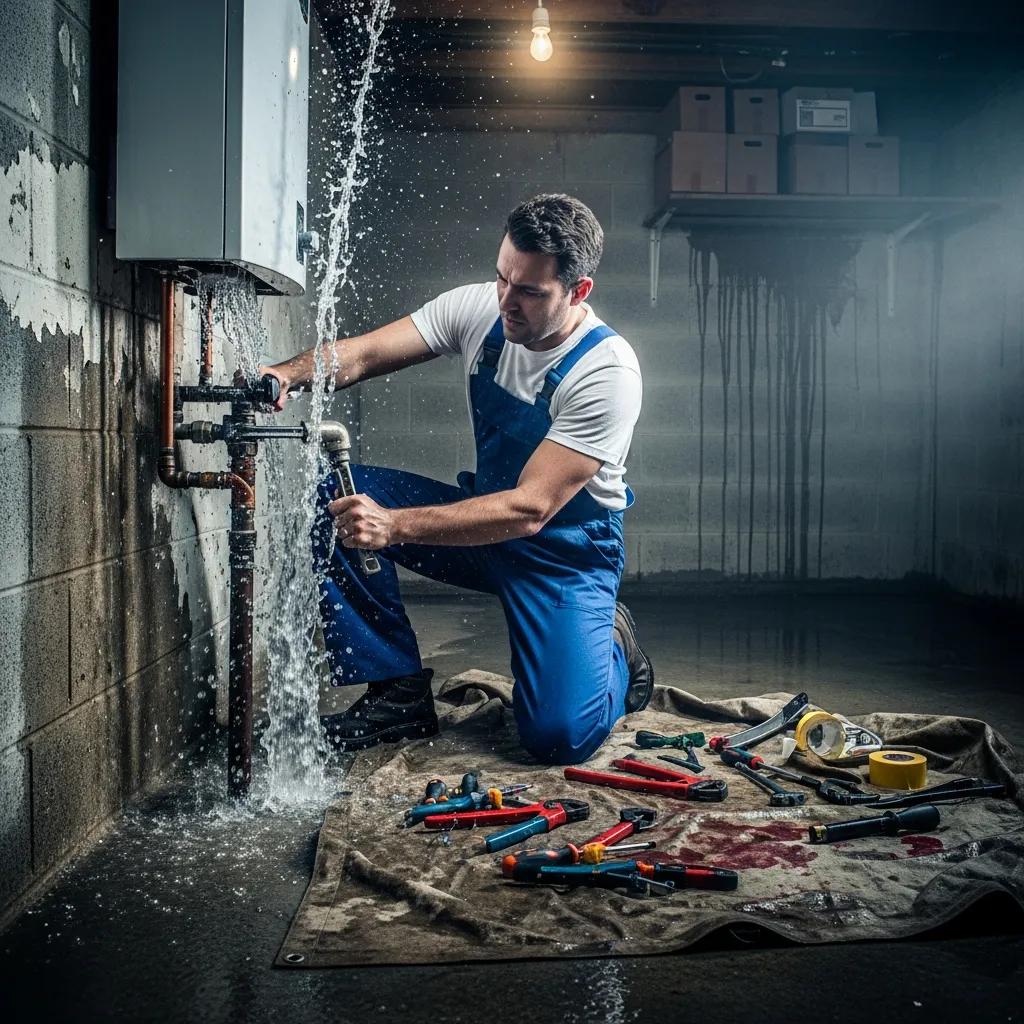 Plumber fixing a burst pipe in an emergency situation, emphasizing the need for urgent plumbing services