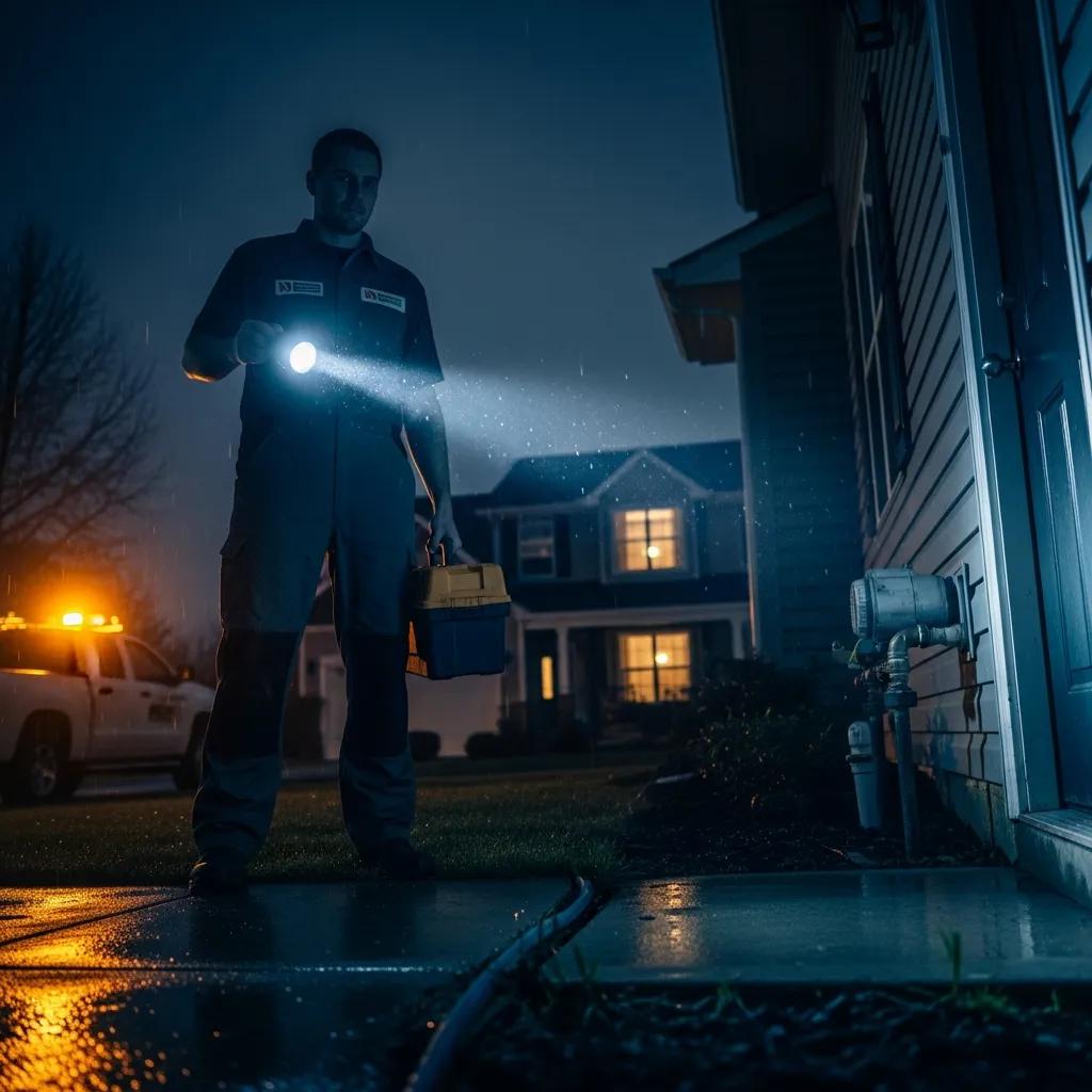 Plumber responding to an emergency call at night, highlighting the value of 24/7 plumbing services