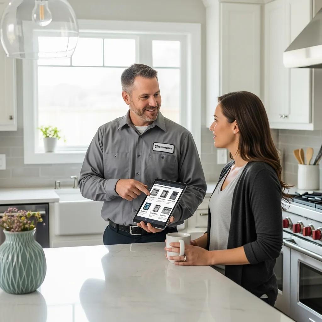 Technician explaining furnace options and costs to a homeowner in a modern kitchen