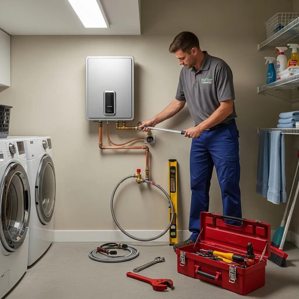 Technician installing a tankless water heater in a home, showcasing water heater repair and installation services