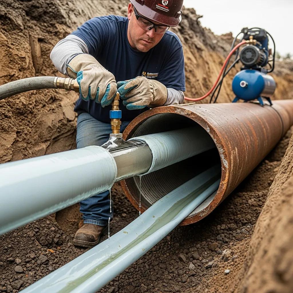 Technician performing cured-in-place pipe lining in a sewer system