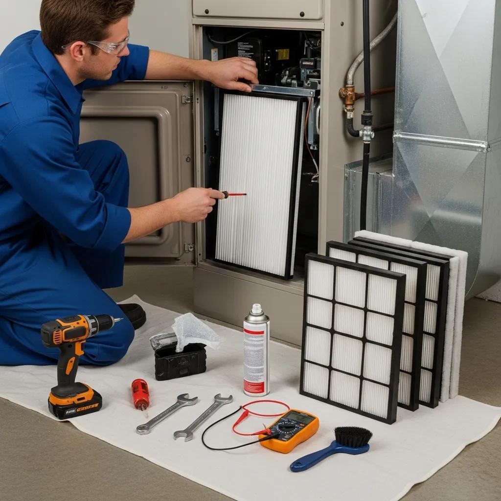 Technician performing HVAC maintenance with clean filters and tools in a bright setting