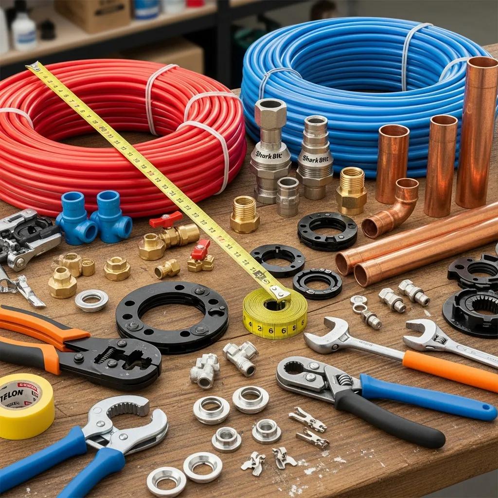 Various plumbing materials including copper and PEX pipes on a workbench with tools