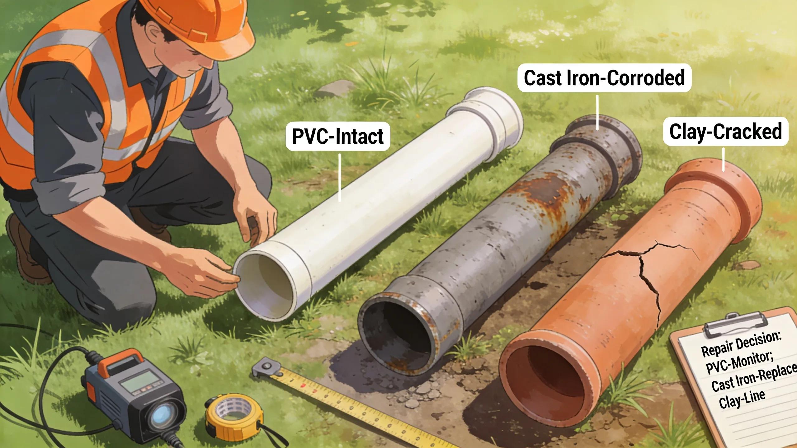 Contractor examining different sewer pipe materials outdoors, highlighting factors influencing repair costs