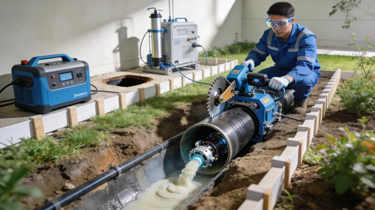 Technician performing trenchless sewer repair with modern equipment, showcasing minimal disruption